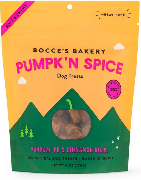 Bocce's Bakery Pumpk'n Spice Pumpkin， PB and Cinnamon Recipe Dog Treats， 6-oz bag