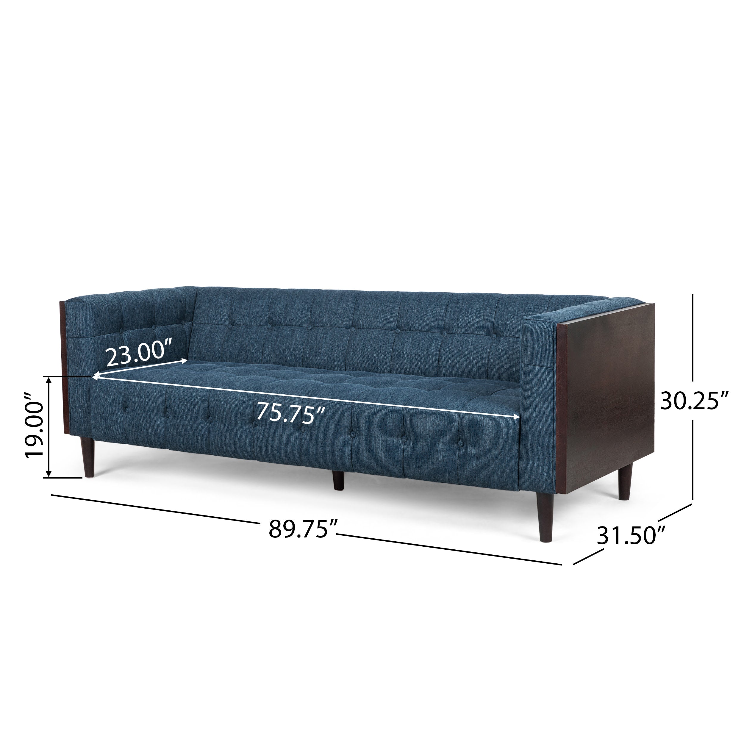 Noble House Penman Fabric Tufted 3 Seater Sofa, Navy Blue and Brown