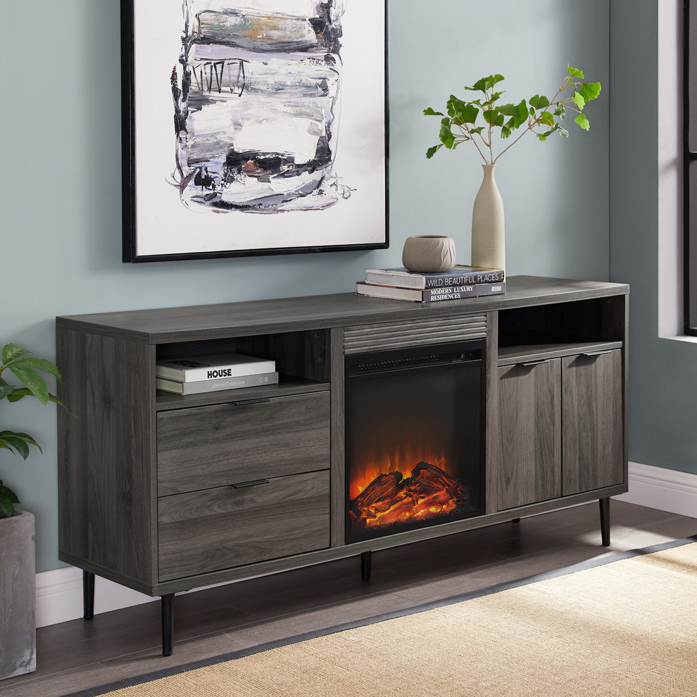 60 quotModern Storage Fireplace Console  Slate Gray   Midcentury   Entertainment Centers And Tv Stands   by Walker Edison  Houzz