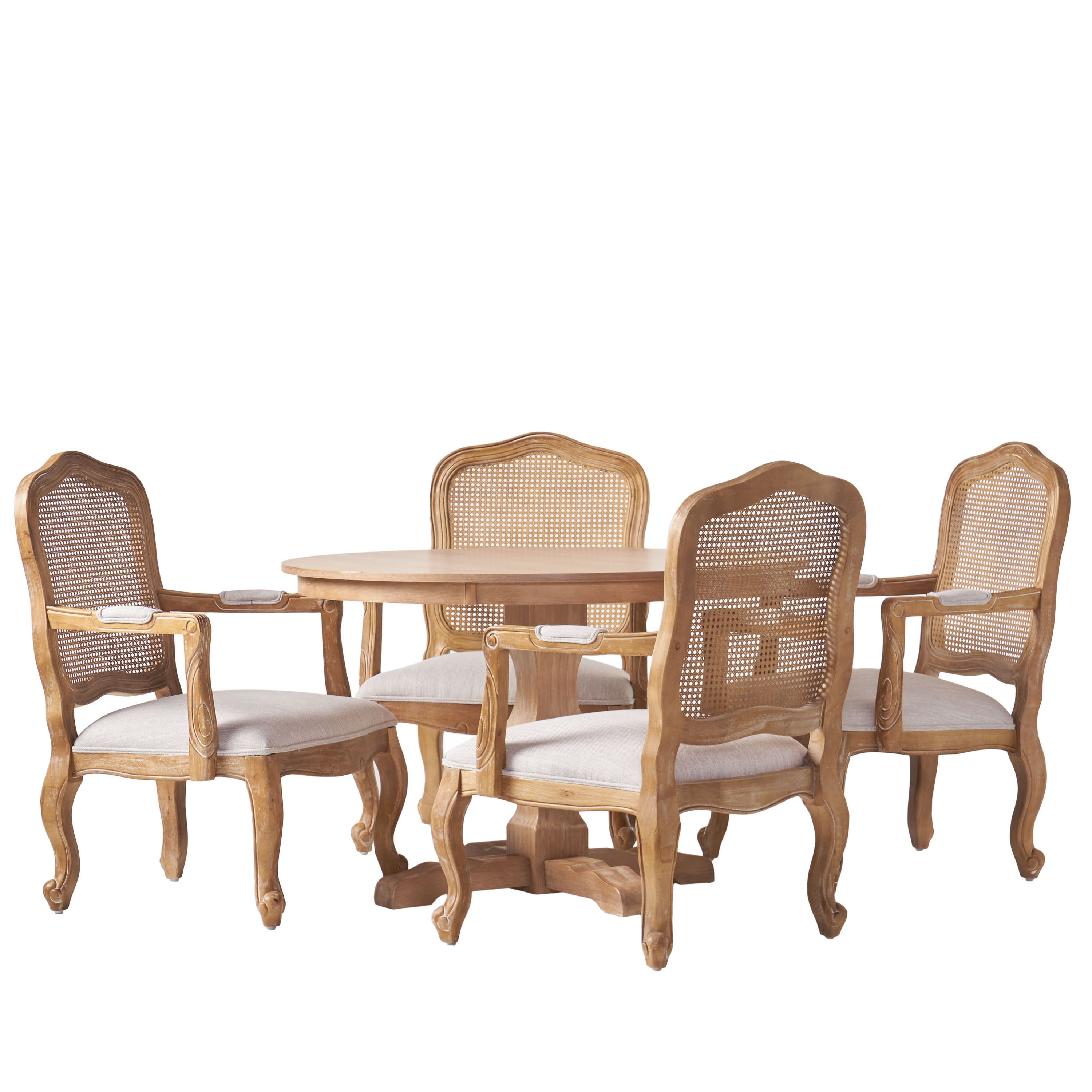 Absaroka French Country Fabric Upholstered Wood and Cane 5 Piece Circular Dining Set