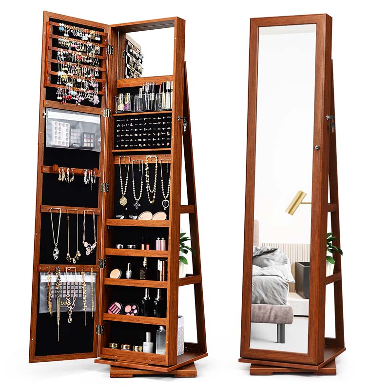 360 Rotating Jewelry Armoire with Higher Full Length Mirror, 3-in-1 Freestanding Lockable Jewelry Cabinet Organizer