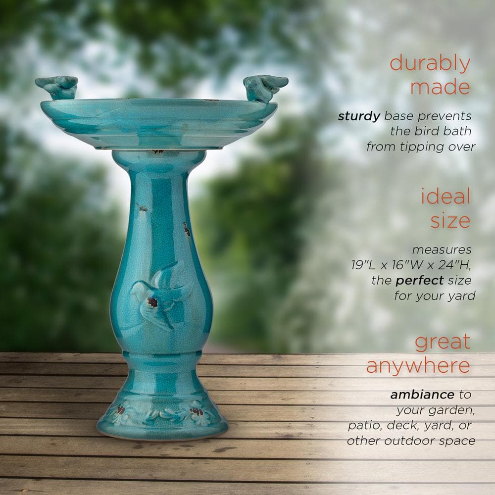 Alpine Corporation 24 in. Tall Outdoor Ceramic Antique Pedestal Birdbath with 2 Bird Figurines， Turquoise TLR102TUR