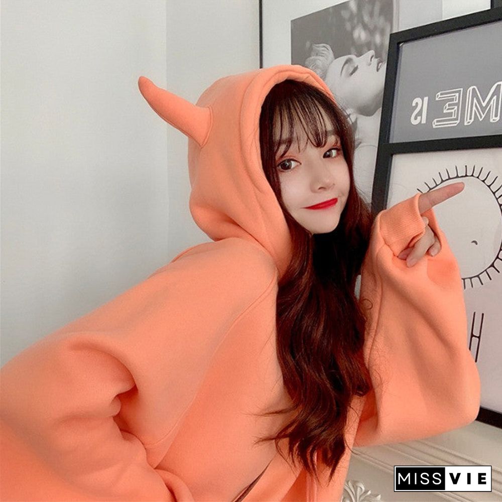 Korean Style Women Hoodies Solid Color Sweetshirt Cute Loose Pullover Hooded Sweatshirt Long Sleeve Jacket Kawaii Clothes