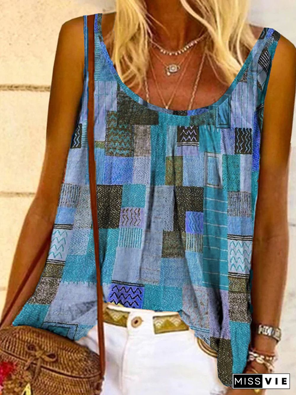 Casual Sleeveless Round Neck Plus Size Printed Top Vests