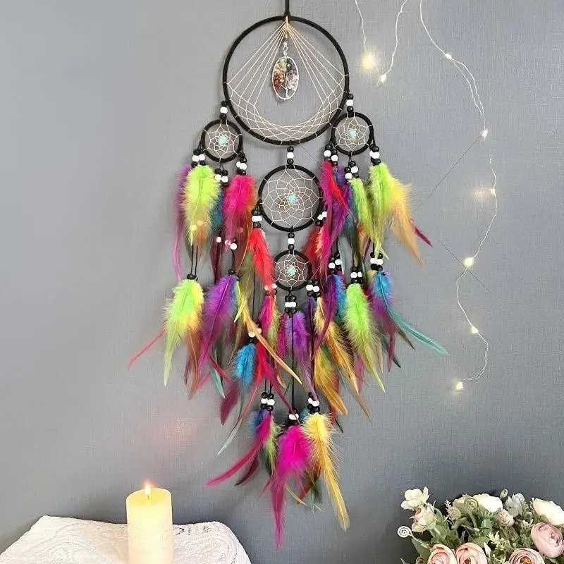 Multicolor Tassel  Wall Decor Net Bohemian Style Pendant Macrame Handmade Wall Hanging Feather Crystal Dream Catcher