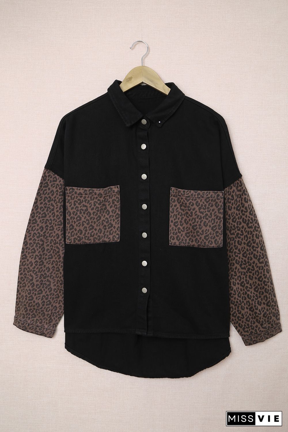 Black Contrast Leopard Denim Jacket