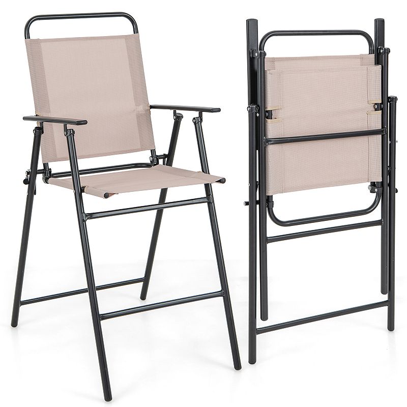 Set Of 2 Patio Folding Bar-height Chairs With Armrests And Quick-drying Seat-beige