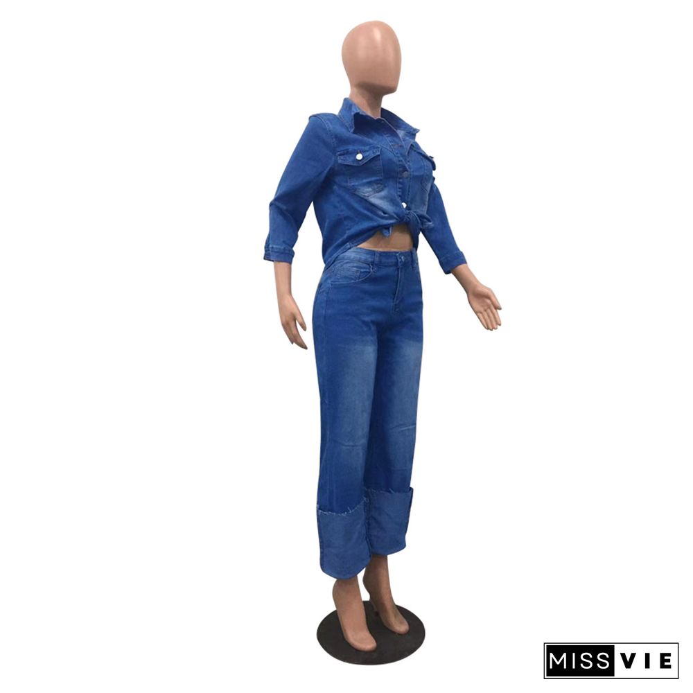 Denim Turn Down Collar Shirt Straight Jeans 2 Piece Set