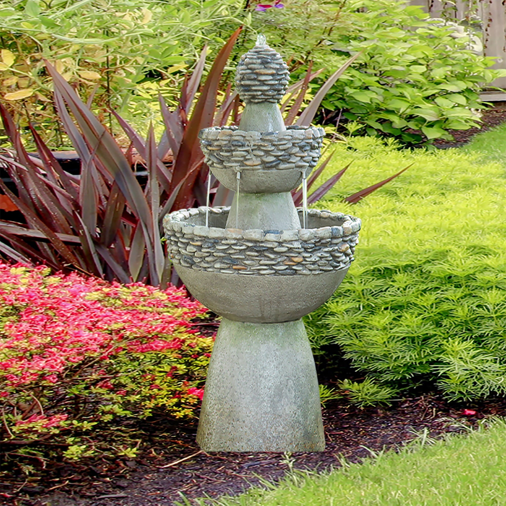 Teamson Home Outdoor Stone-Look 3-Tier Pedestal Floor Fountain， Gray