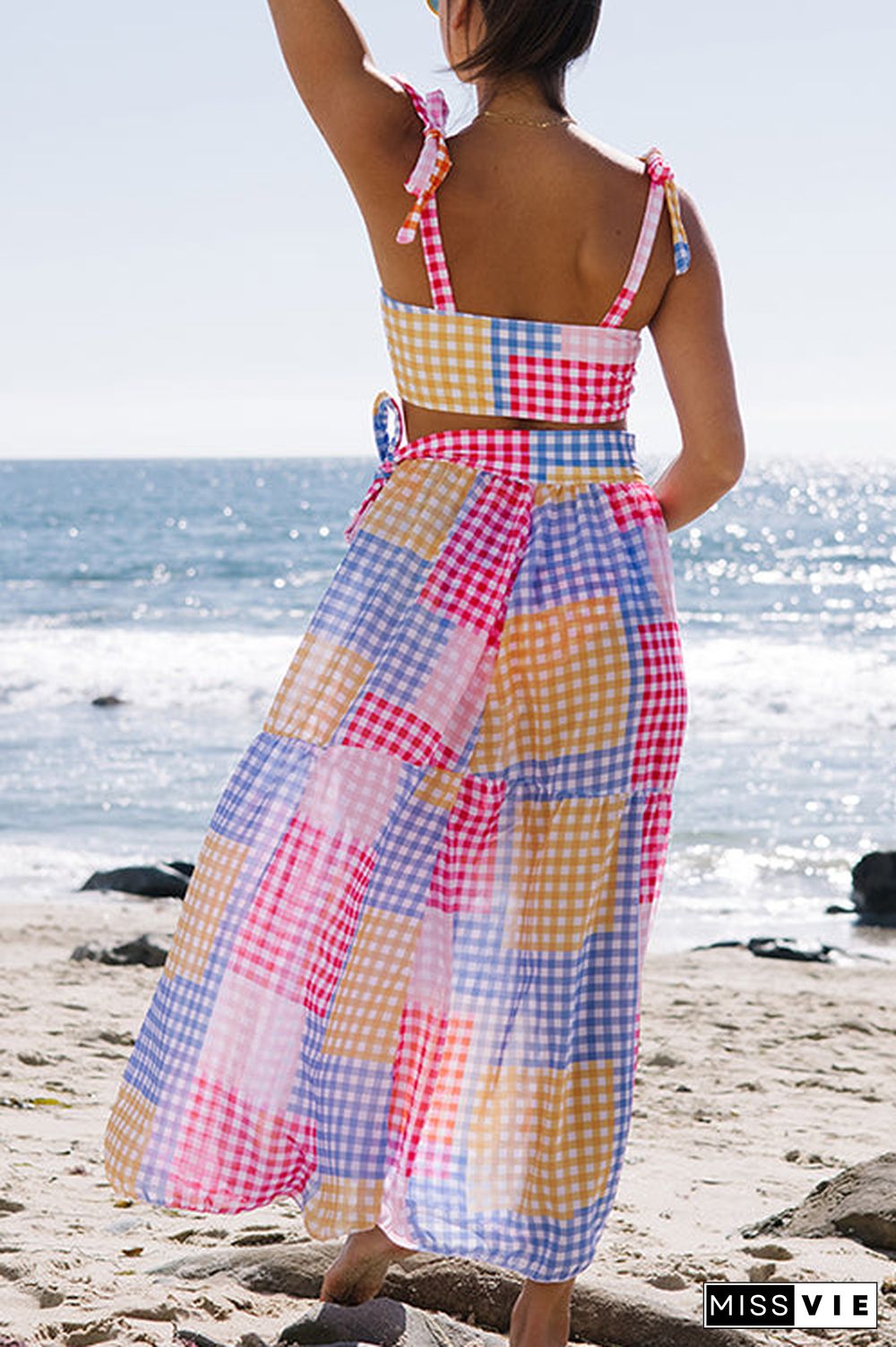 Plaid Color Block Tie Shoulder Maxi Skirt Set