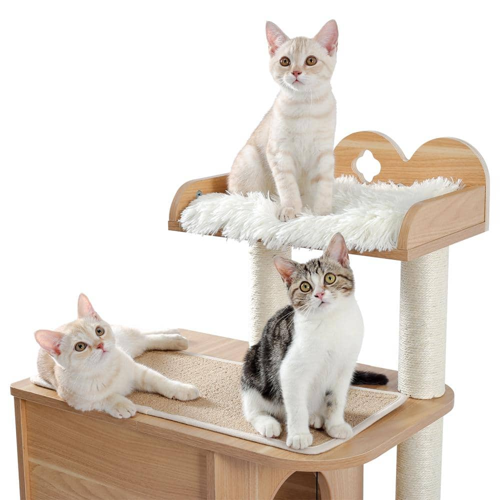 Foobrues Modern Cat Tree Wooden Multi-Level Cat Tower, Deeper Version of Cat Sky Castle with 2 Cozy Condos and Luxury Perch L-W79632636