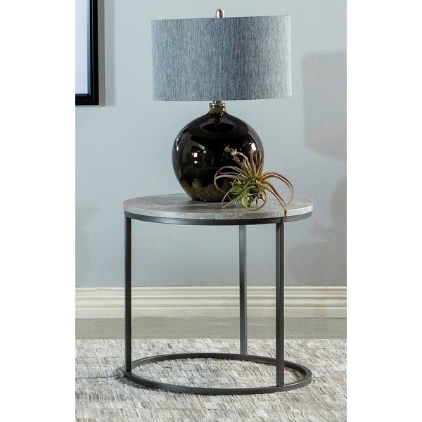 Round Faux Marble End Table with Metal Base in Grey and Gunmetal