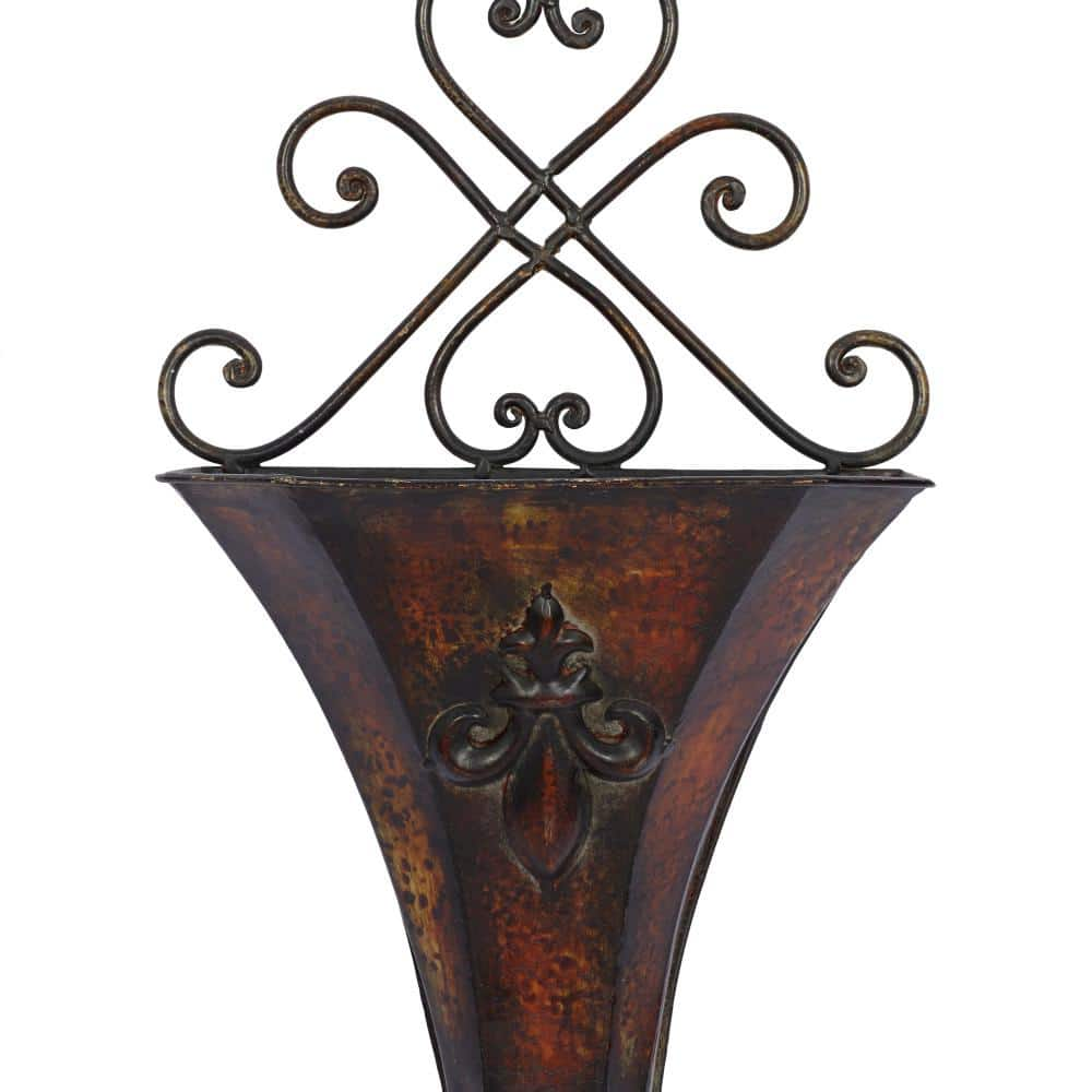 Litton Lane 18in. Medium Brown Metal Scroll Indoor Outdoor Hanging Wall Planter (2- Pack) 75727