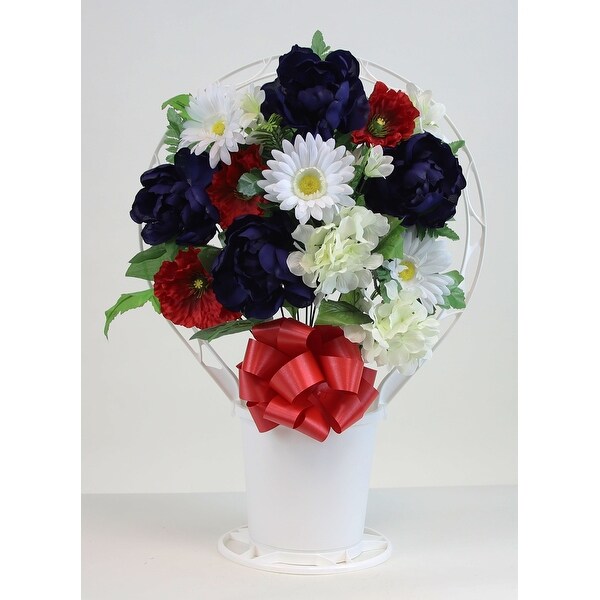 Memorial Peony Mix Arrangement in Large，White Cemetery Hoop Basket with Handle