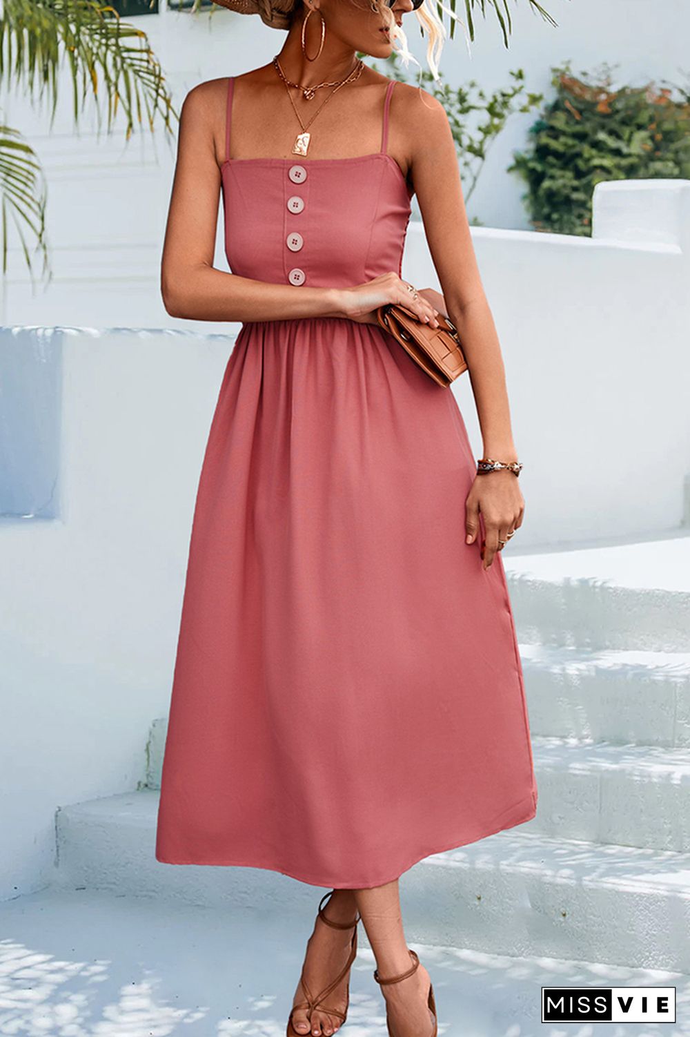 Sleeveless Buttoned Spaghetti Long Dress