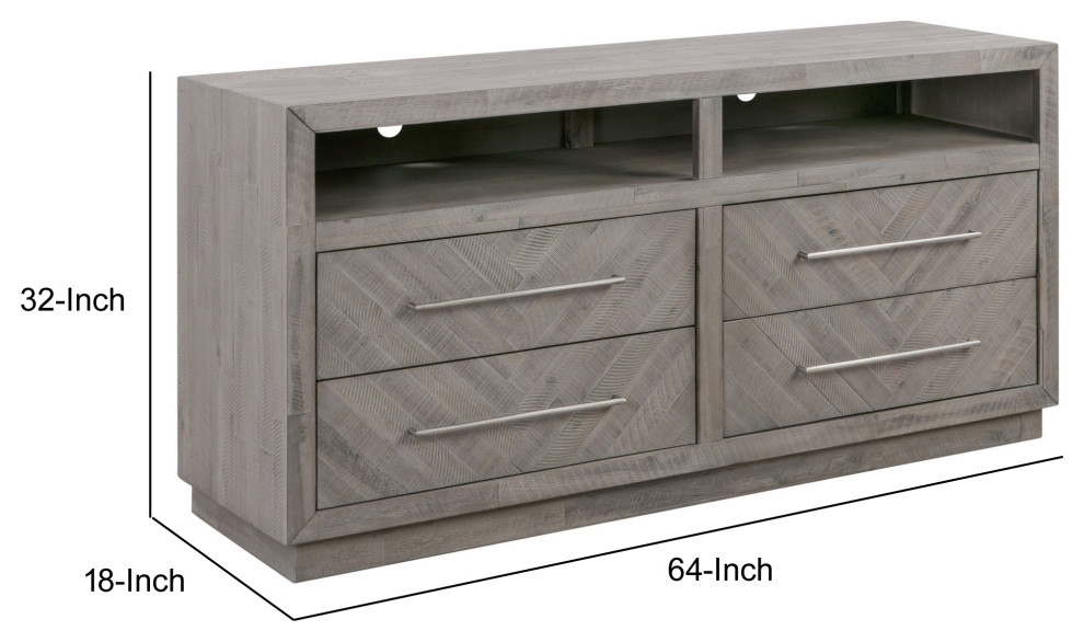 Benzara BM231897 64 Inches Herringbone Pattern 4 Drawer Media Console  Gray   Farmhouse   Entertainment Centers And Tv Stands   by Uber Bazaar  Houzz