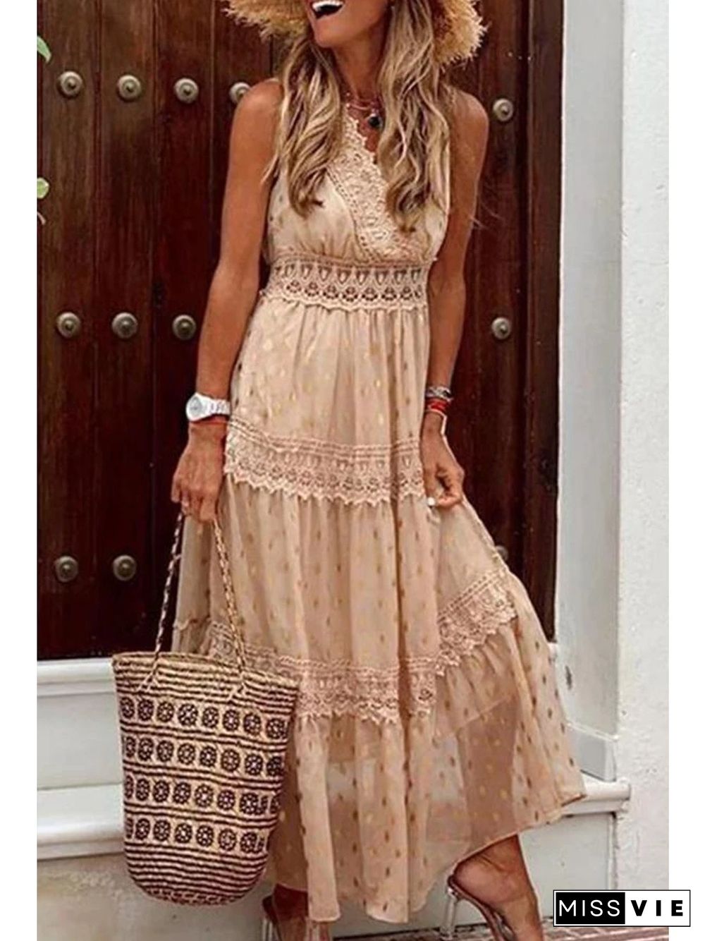 Stylish PolkaDots Print Lace V-Neck Maxi Dress P15670