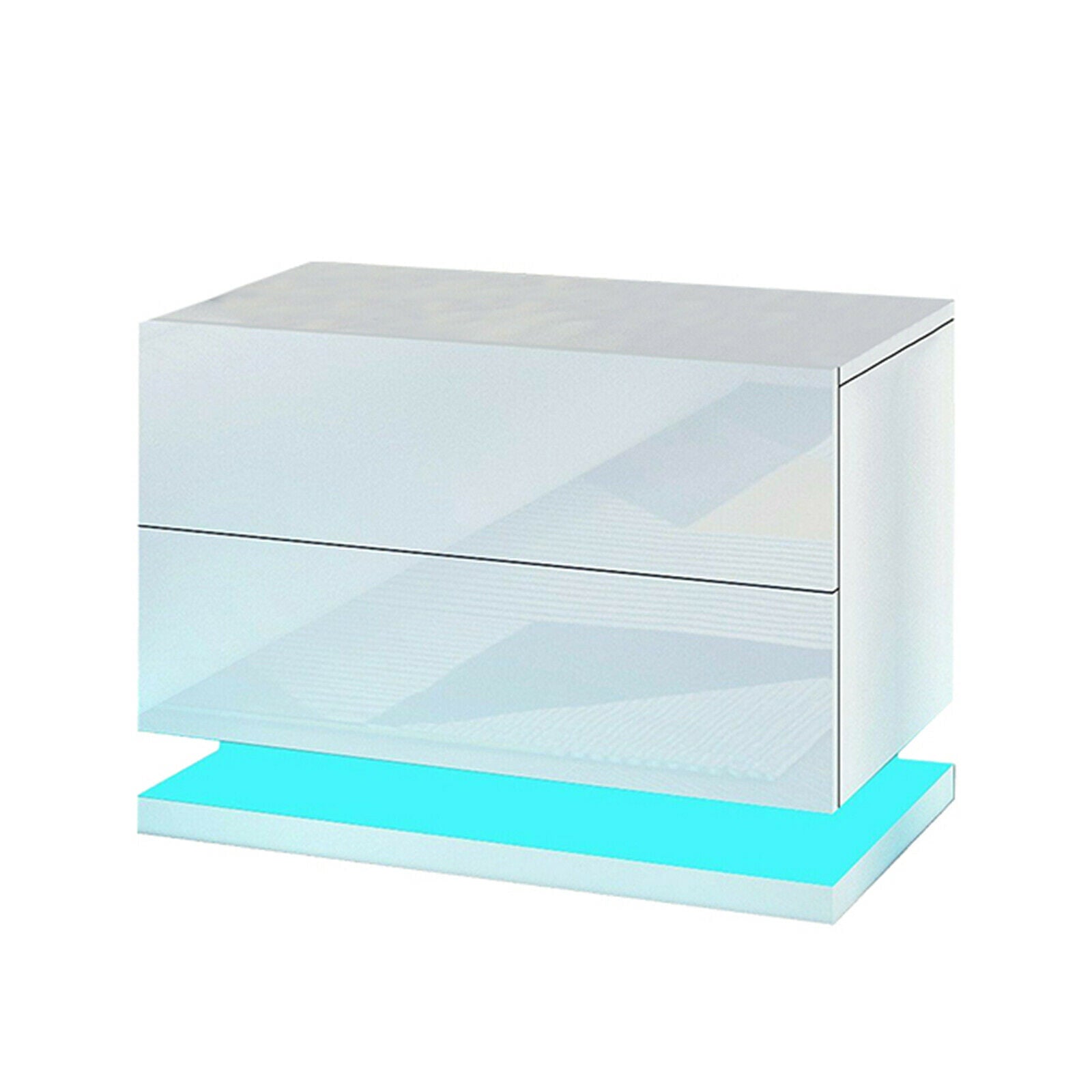 OUKANING LED Lighting Nightstand 2 Glossy Drawer Modern Bedside End Table White