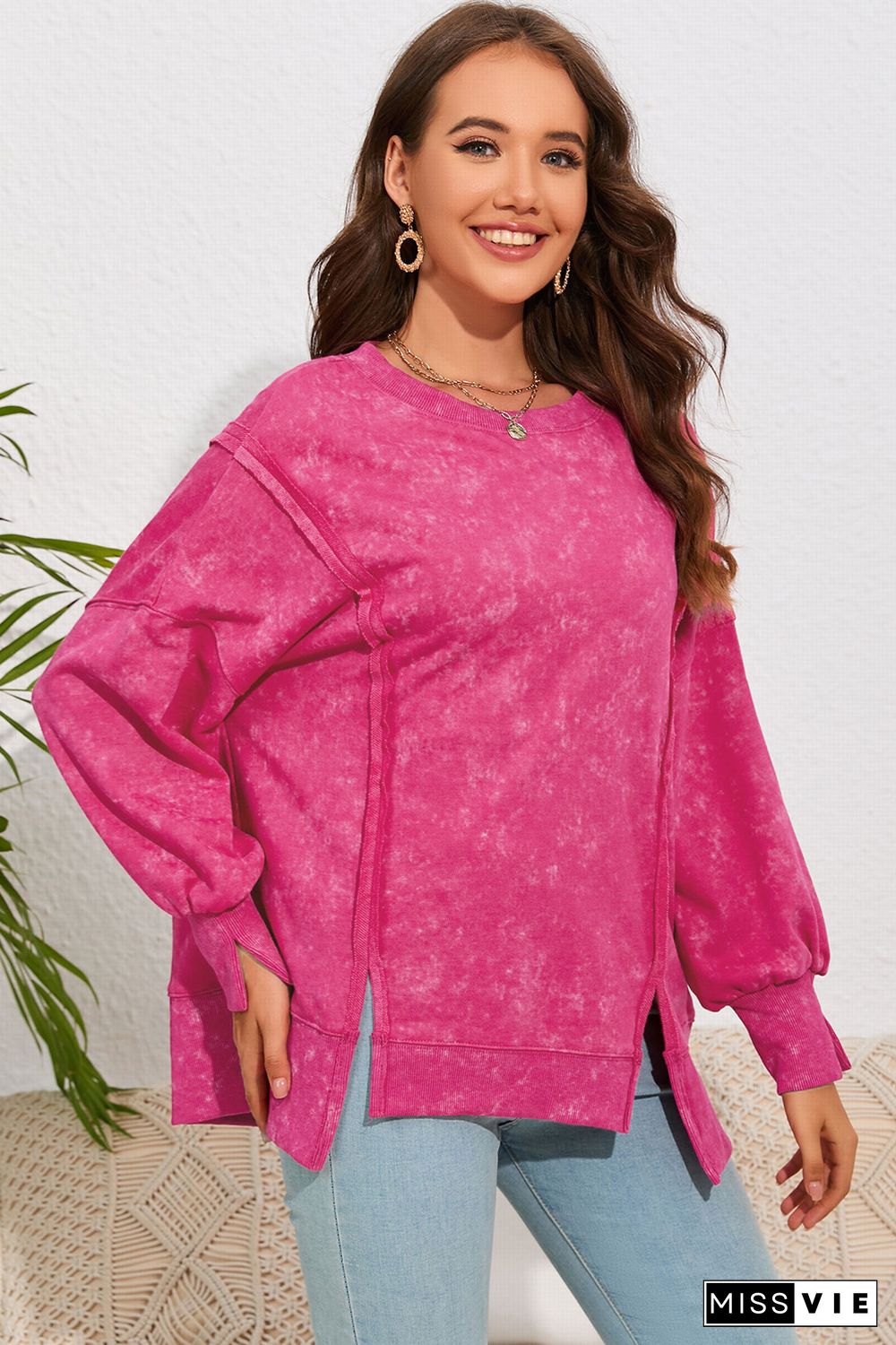 Rose Acid Wash Relaxed Fit Seamed Pullover Sweatshirt with Slits