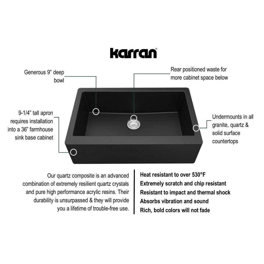 Karran FarmhouseApron-Front Quartz Composite 34 in. Single Bowl Kitchen Sink in Black QA-740-BL