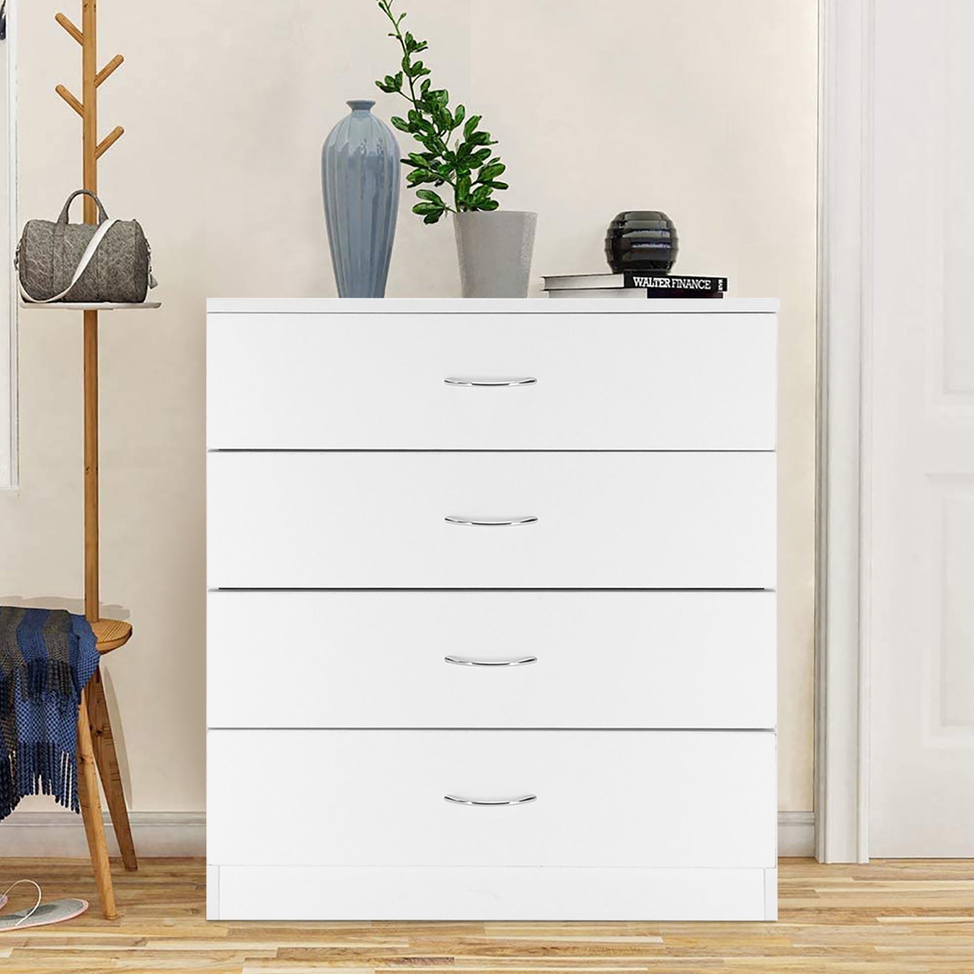 SYNGAR Modern White 4 Drawer Dresser, Small Wood Storage Cabinet with Easy Pull Handles, Dressers and Chests of Drawers, Organizer Unit for Bedroom, Living Room, Hallway, Closets, Nursery