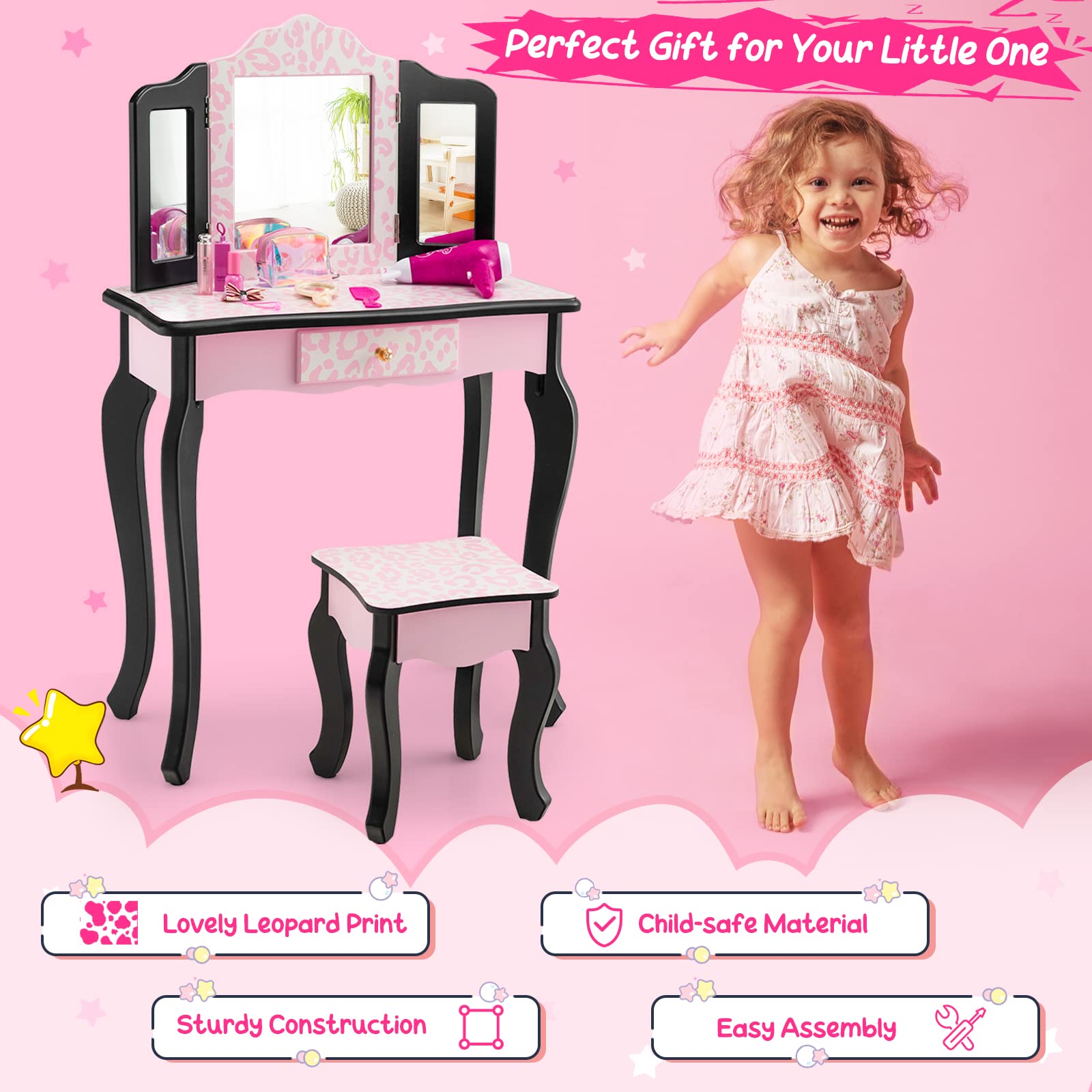 Costzon Kids Vanity Table and Chair Set, Girls Vanity Set with Mirror and Stool, Pretend Play Vanity Set for Little Girls