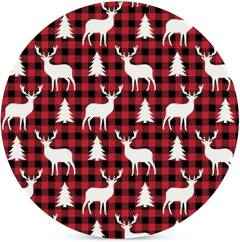 2pcs Round Christmas Deer Tree At Buffalo Plaid Ceramic Coasters With Cork-backed For Coffee Drink Cup Mat Absorbent Stone Coasters