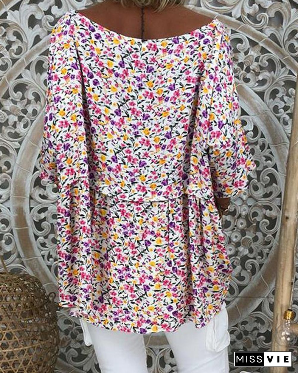 Women Plus Size Floral Printed 3/4 Sleeve Plus Size Blouses Tops