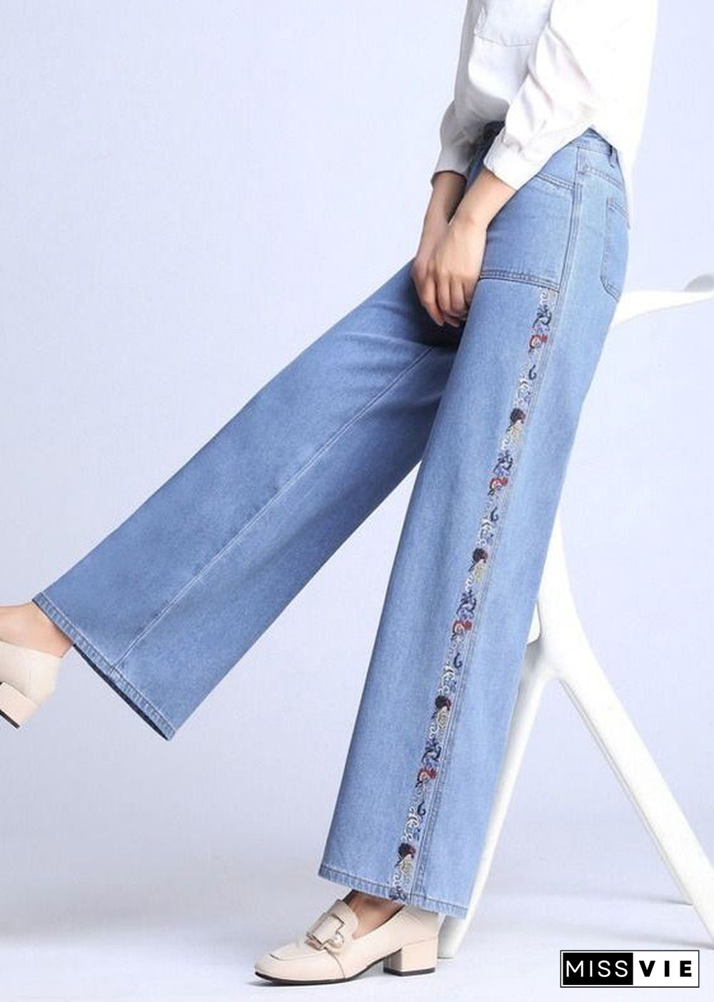 Natural Light Blue Embroideried Pockets Draping Cotton Women's Straight Pants Spring