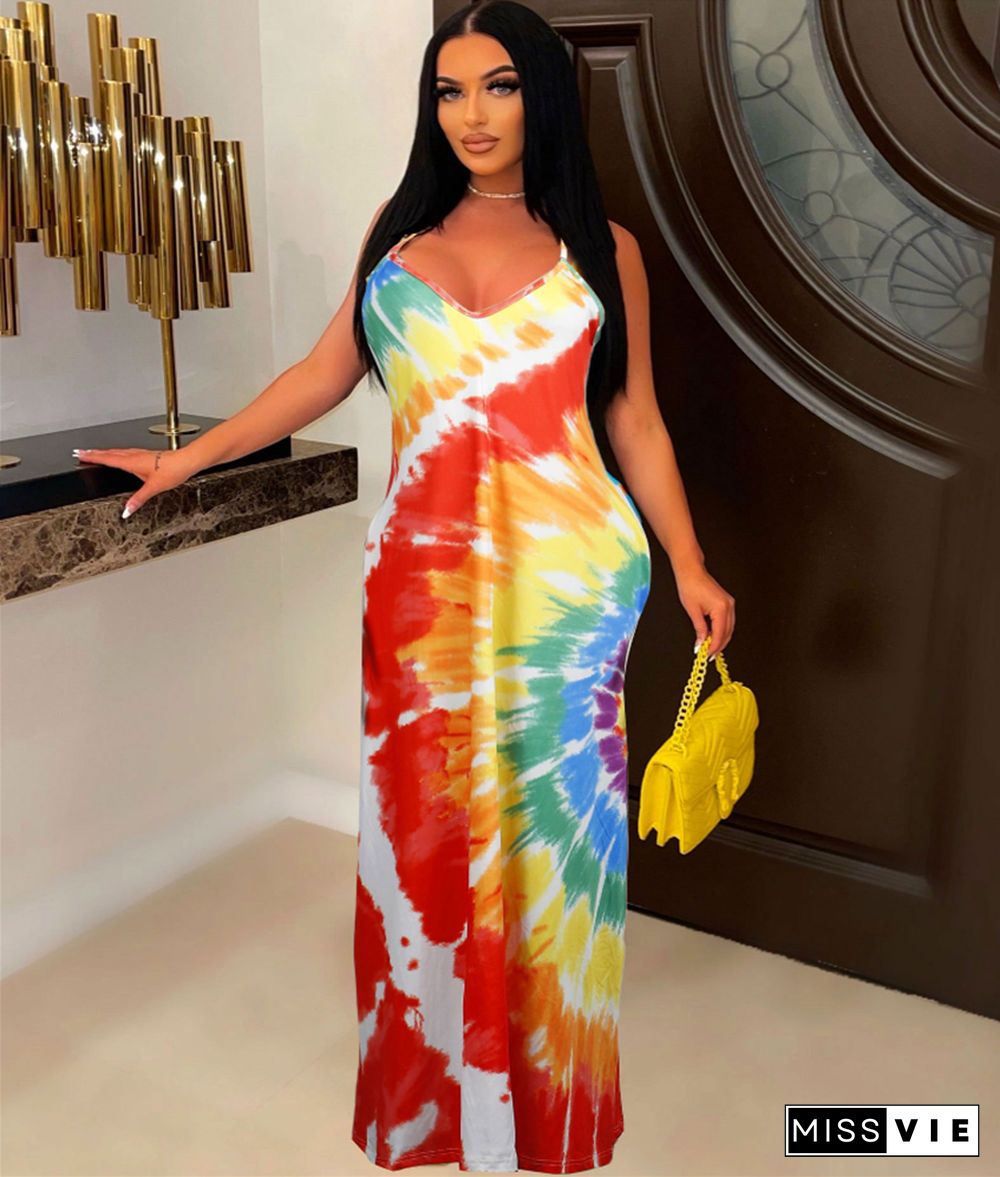 Tie Dye Print Loose Spaghetti Straps Maxi Dress