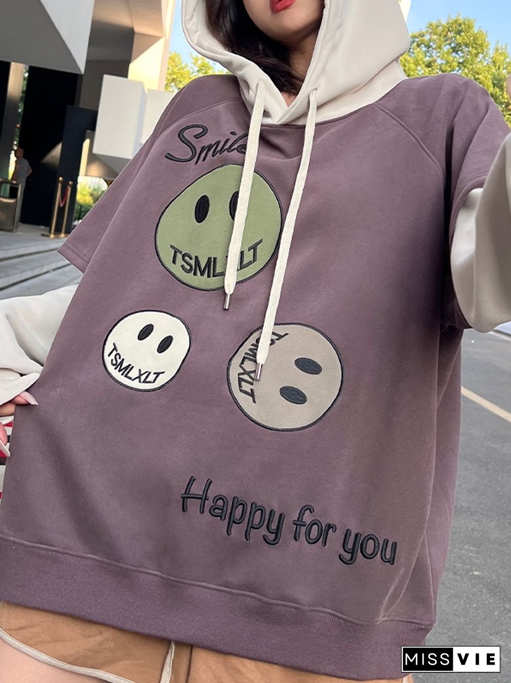 Smiling Print Splice Drawstring Oversized Hoodie