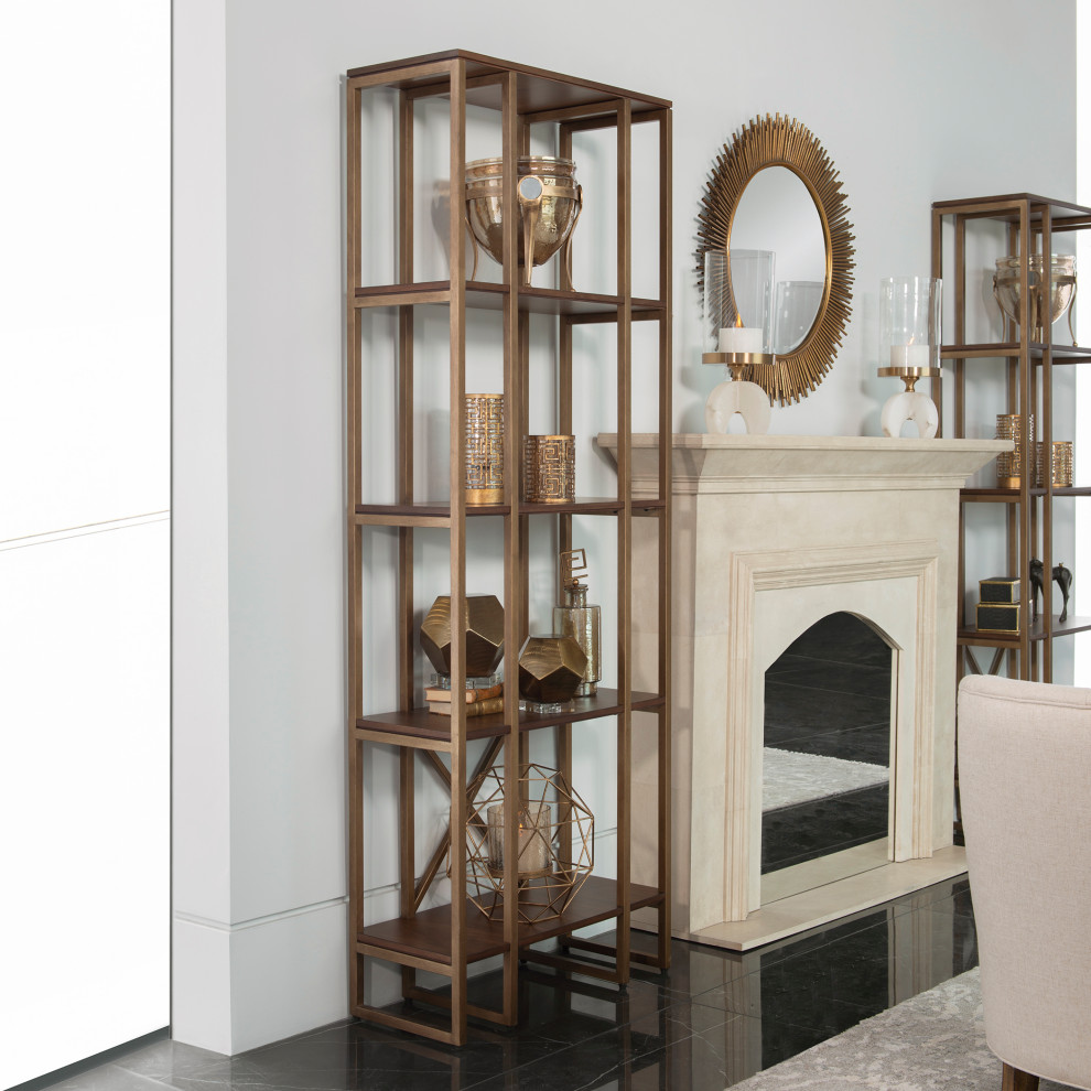 Elegant Simple Gold Walnut Wood Etagere  4 Shelf Tall Book Shelves Minimalist   Transitional   Bookcases   by My Swanky Home  Houzz