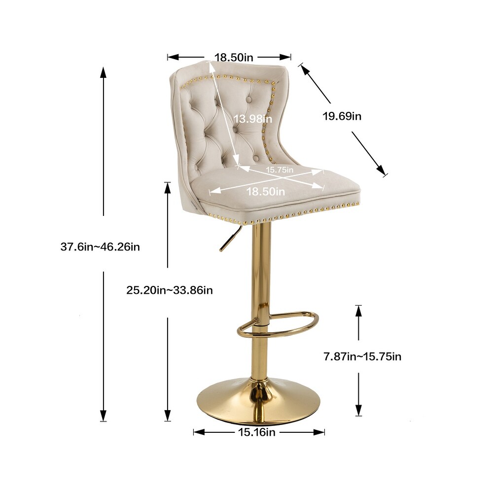 Velvet Upholstered Tufted Swivel Adjustable Height Bar Stools With Golden Footrest(set of 2)