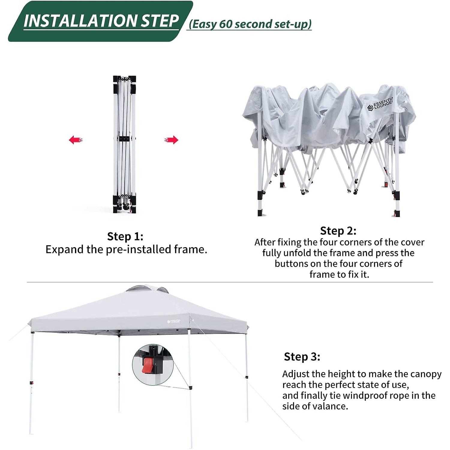 10x10 Pop Up Canopy Po Pup Tent， 10 By 10 Feet Sun Shade Easy Up Canopy Tent With Roller Bag，4 Sandbags And 8 Stakes， Height Adjustable Heavy Duty Rai