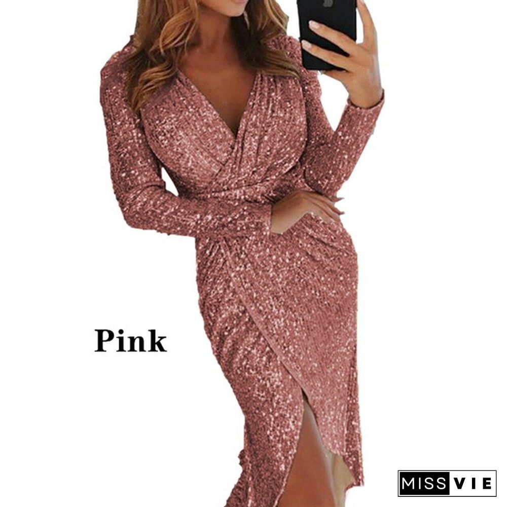 Midi Mini Fashion Women Sexy Club Dress Gift Lady Large Evening Dress Sexy Lady Sequin V-Neck High Open Wrap Dress Plus Size S-Xxxl