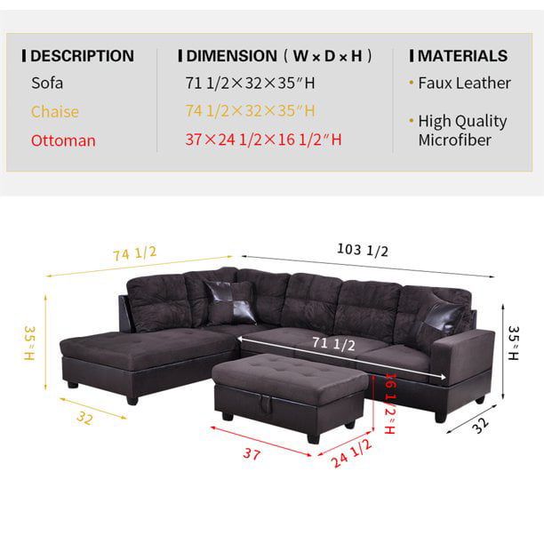 AYCP Furniture Sectional Sofa 3 Pieces L-Shape Sectional Sofa Set, Left Hand Facing Chaise, Microfiber & Faux Leather Upholstery Material, Espresso Color, More Colors & Styles Available