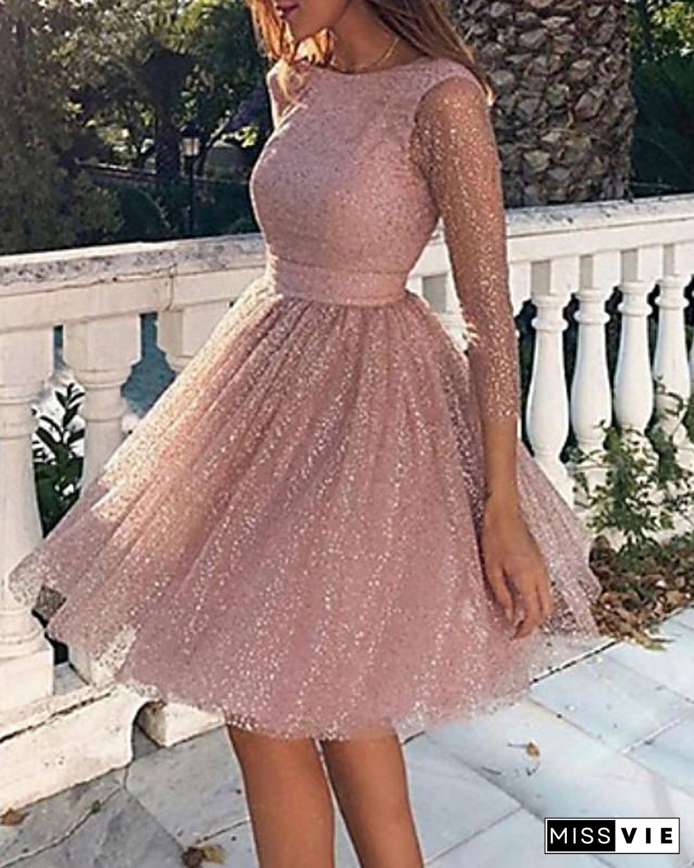 Women's Skater Short Mini Dress Long Sleeve Solid Colored Backless Glitter Clothing Fall Spring Hot Sexy Blushing Pink S M L XL XXL