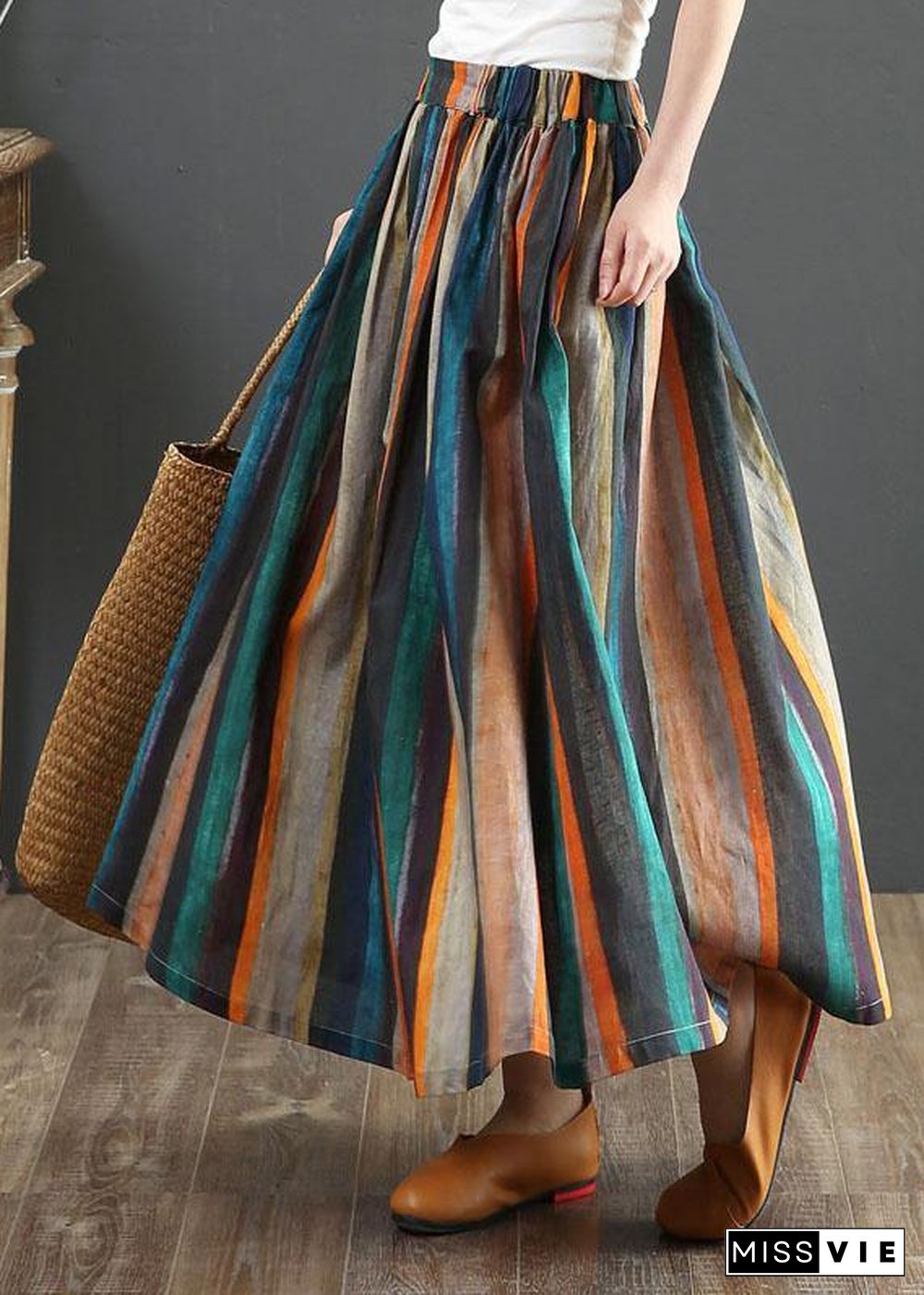 Women Striped A Line Retro Print Skirts Linen