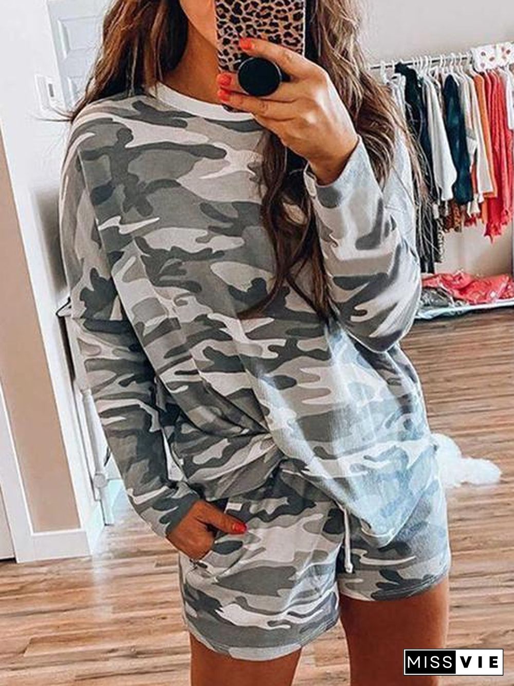 Camo Print T-Shirt And Shorts Set