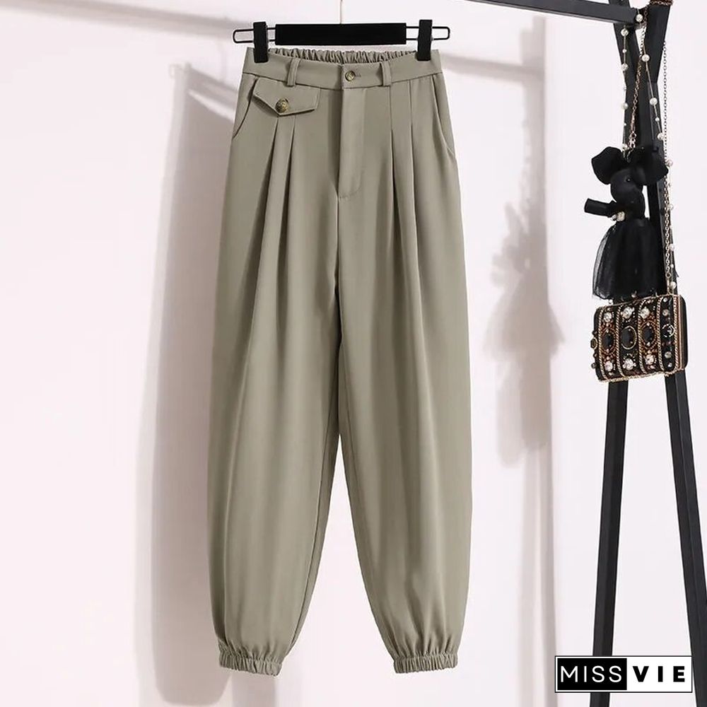 Fashion Loose Office Lady Harem Pants Casual Korean Women High Waist Bloomers Summer Elegant Elastic All-match Cargo Pants New