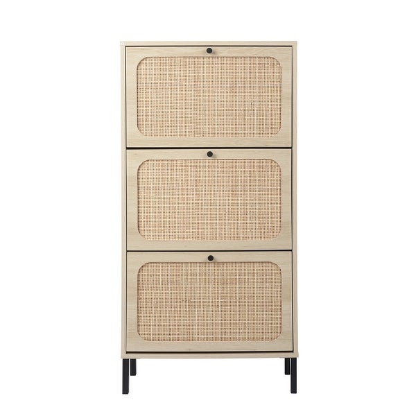 Natural Rattan 3 Door Shoe Rack， Freestanding Modern Shoe Storage Cabinet， for Entryway