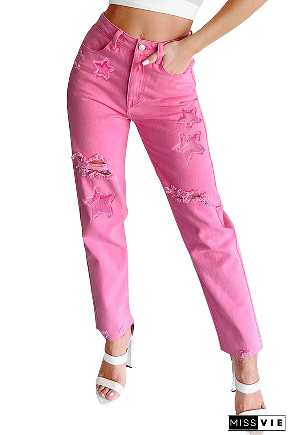 Star Shape Patchwork Mid Waist Straight Leg Jeans