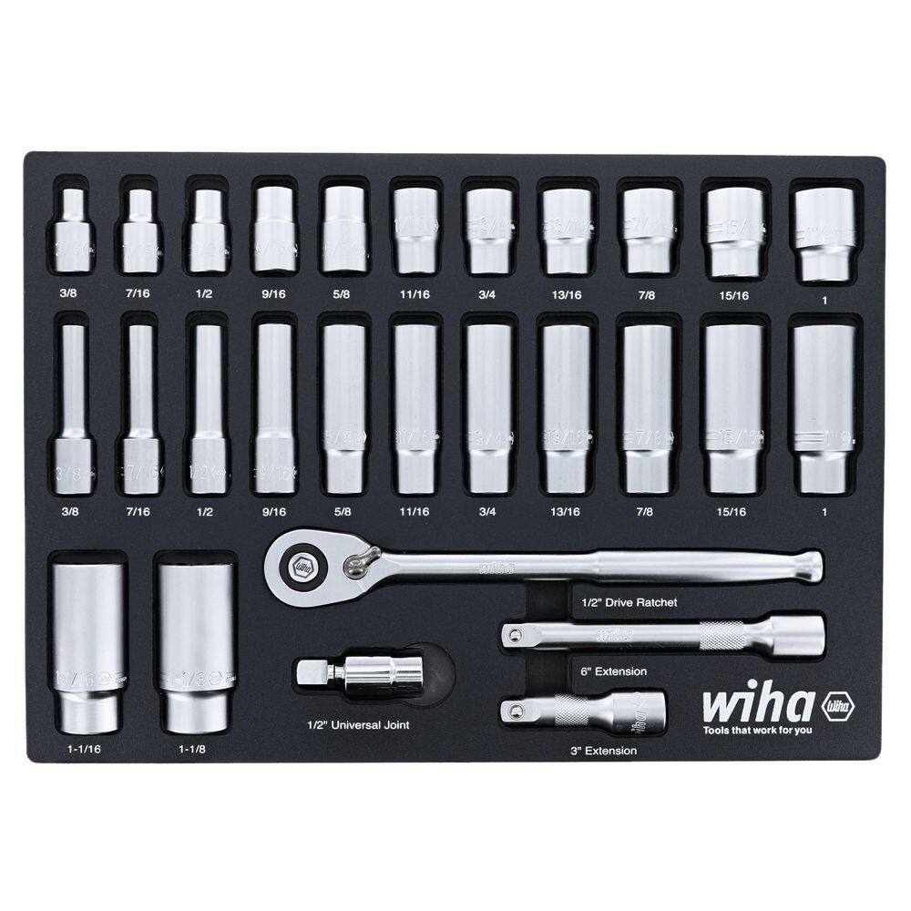 Wiha 12 in. Deep Socket Tray Set - SAE (28-Piece) Drive Professional Standard 33896