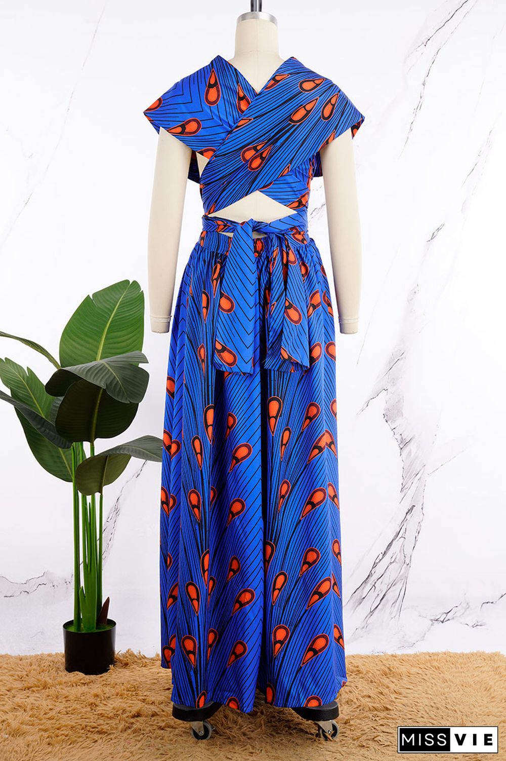 Blue Vintage Print Patchwork Backless V Neck A Line Dresses