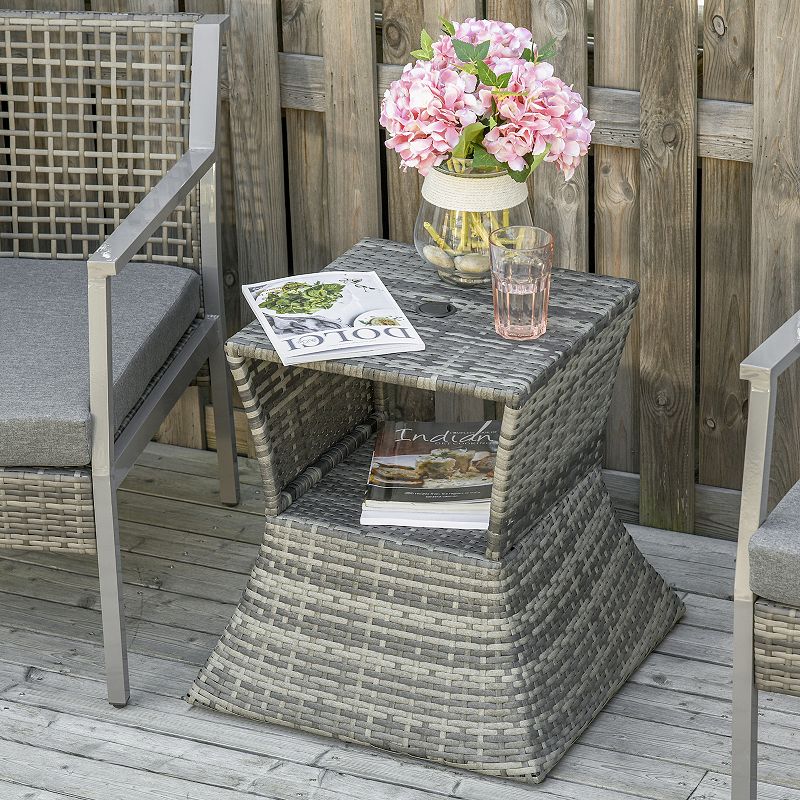 Outsunny Rattan Wicker Side Table with Umbrella Hole 2 Tier Storage Shelf for All Weather for Outdoor Patio Garden Backyard Mixed Grey