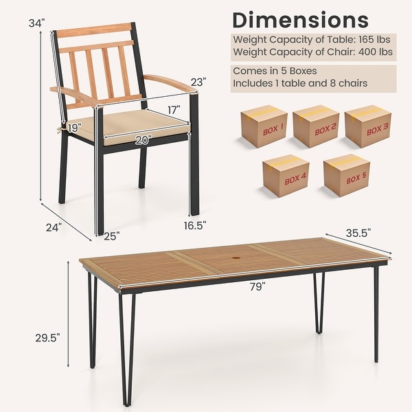 Gymax 9 PCS Patio Dining Set w/ Rectangular Acacia Wood Dining Table 8