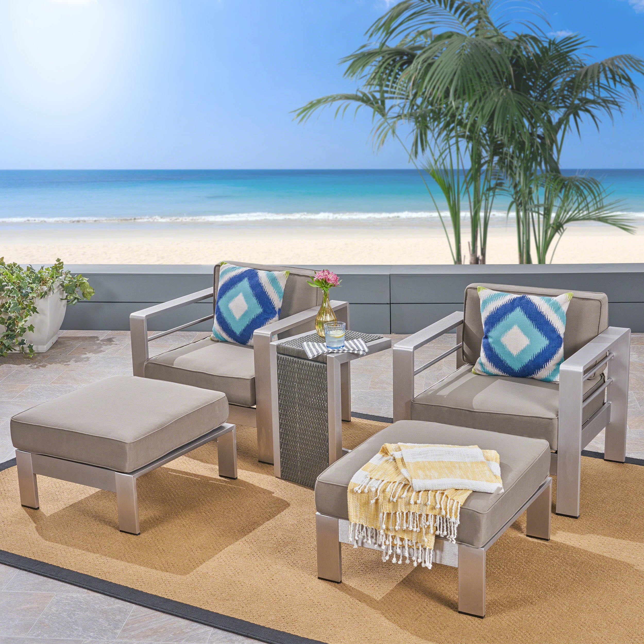 Emily Coral Outdoor Aluminum 2-Seater Club Chair Chat Set with Ottomans and Side Table