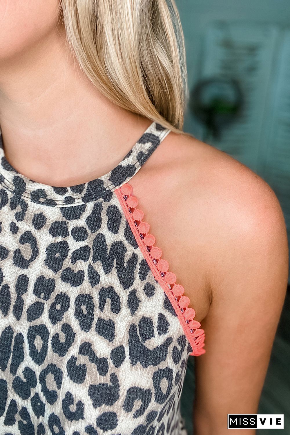 Halter Coral Trim Leopard&Stripe Print Tank Top