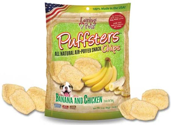 Loving Pets Puffsters Banana and Chicken Dog Crunchy Treat， 4-oz bag