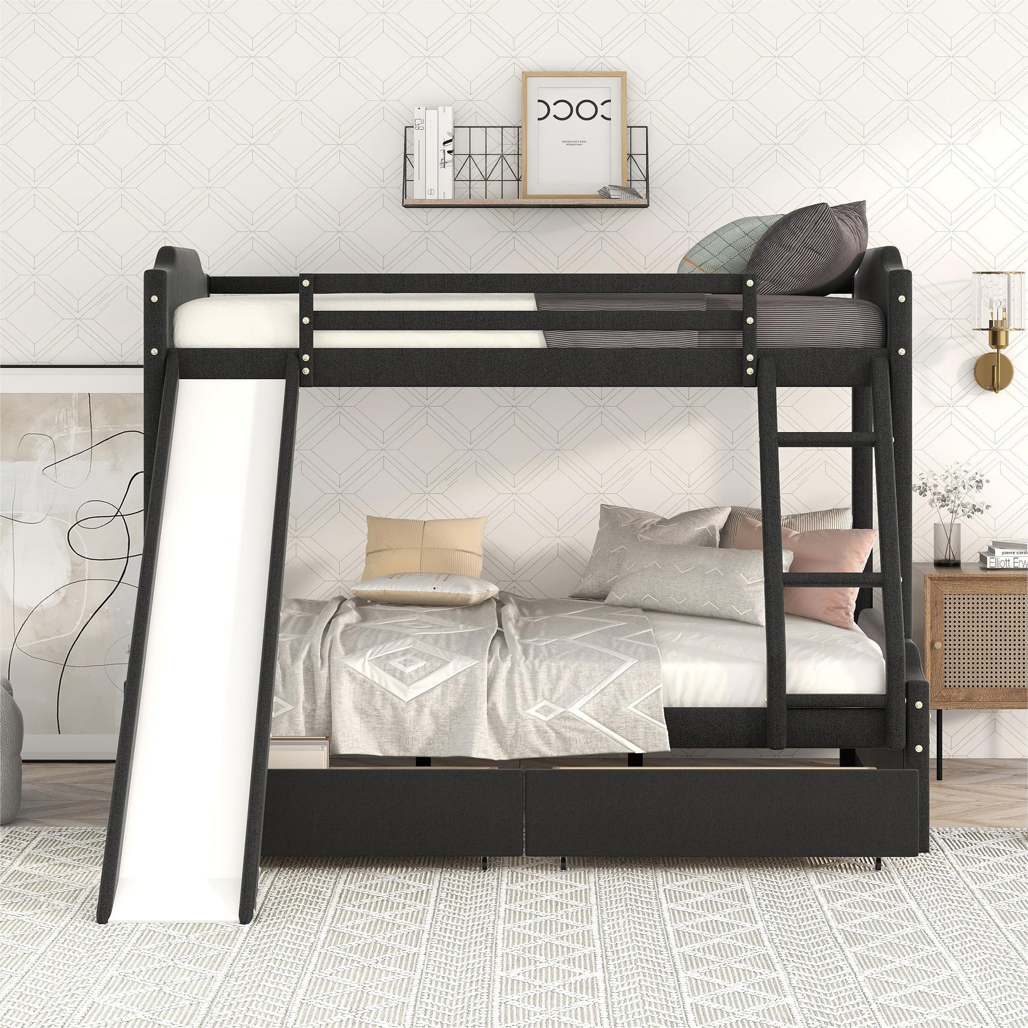 EUROCO Upholstery Twin over Full Bunk Bed with Slide and Drawers for Kids Room, Black